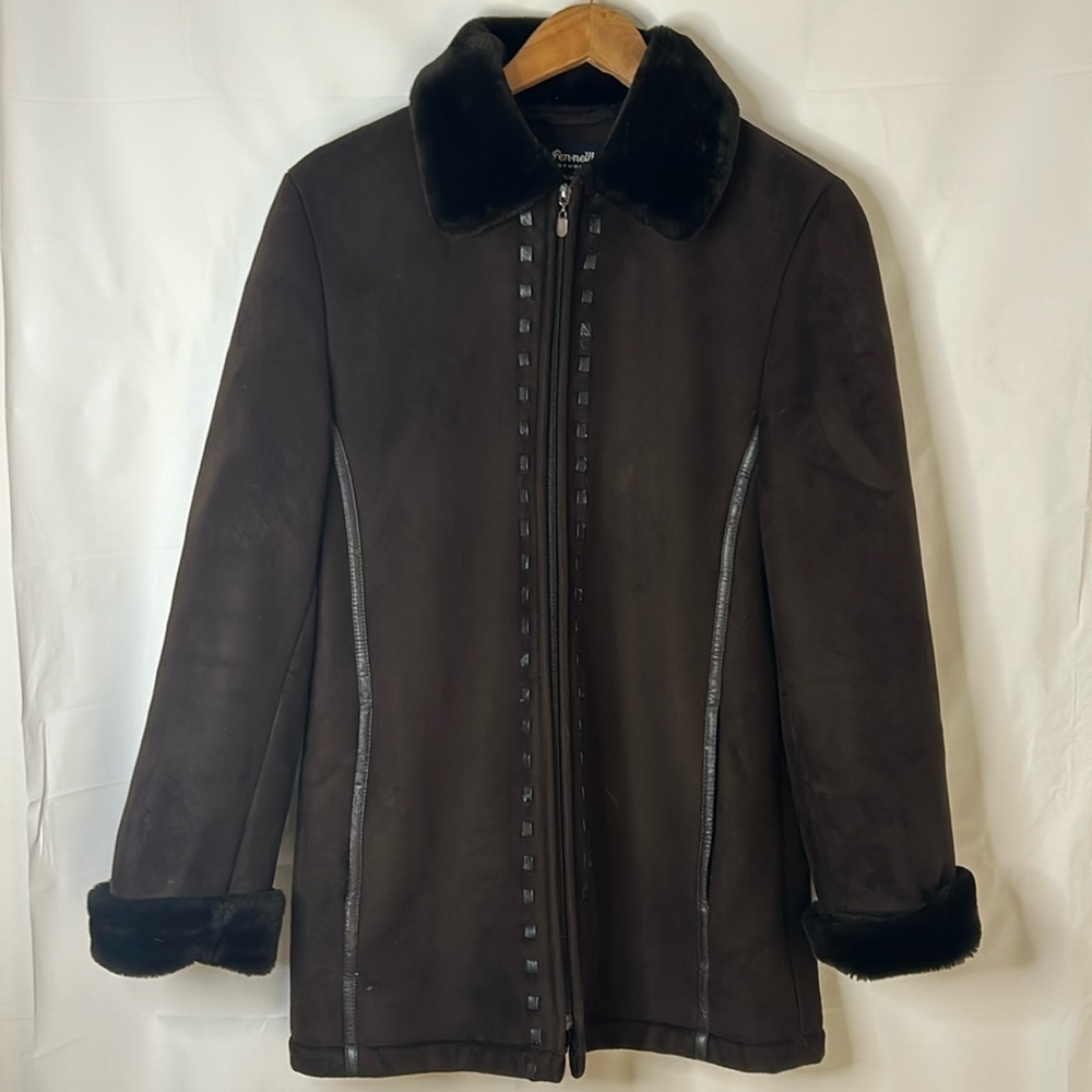 Vintage Fen-nelli coat faux suede faux fur collar and cuffs faux leather trim